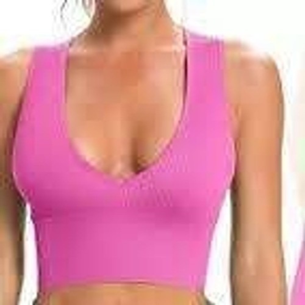 QQQ Hot Pink Ribbed Seamless V-Neck Crop Top Athletic Tank‎ Medium